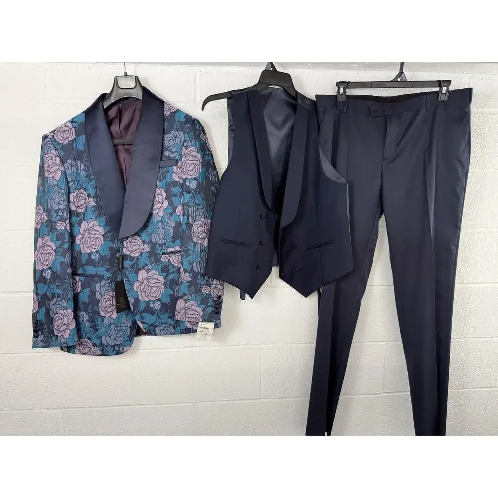 Pietro Scarlatti Mens Suit 3pc US 44 EU 54 Floral Blazer Vest Pants Blue T2
